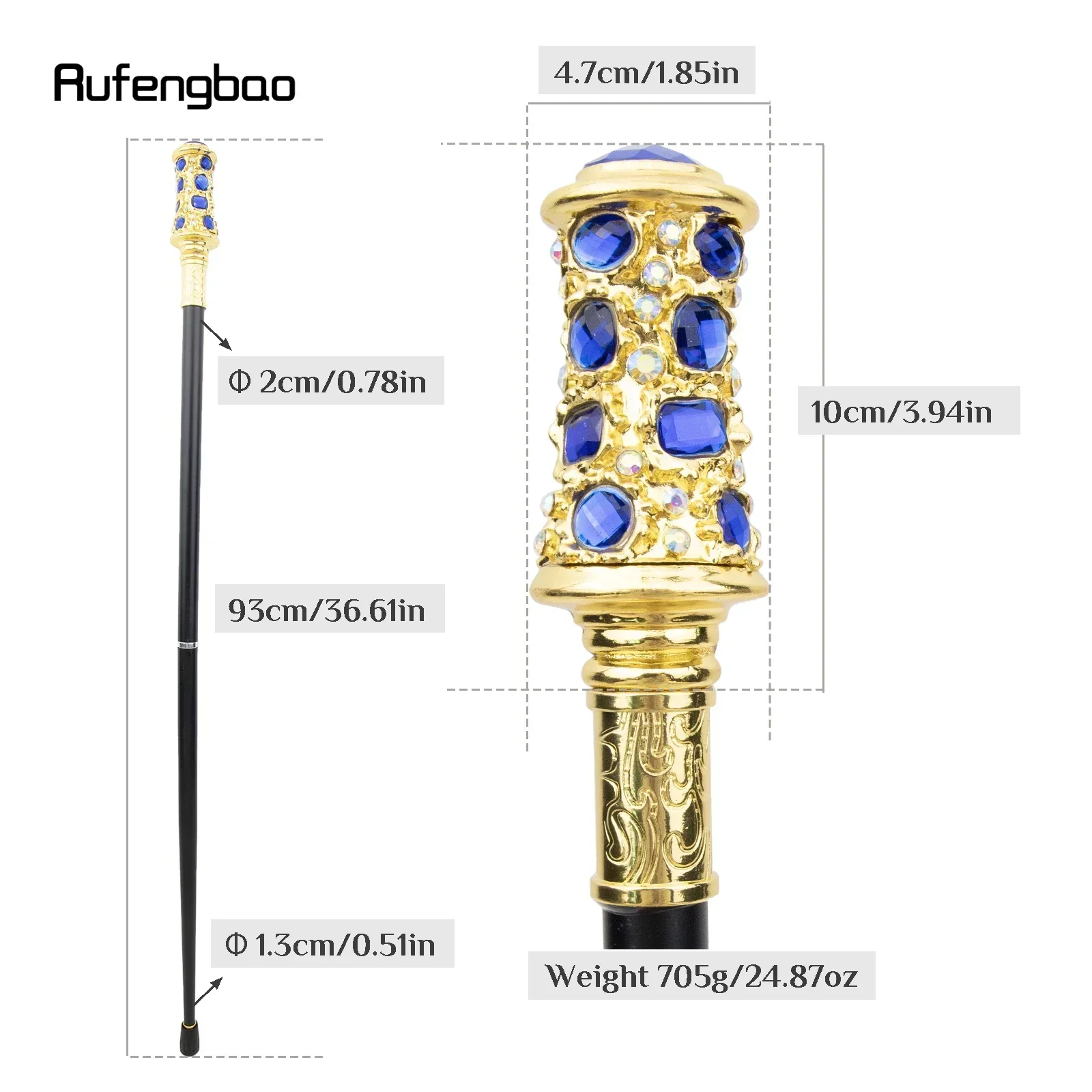 Blue Artificial Diamond Golden Walking Cane Fashion Decorative Walking Stick Gentleman Performance stage Cane 93cm