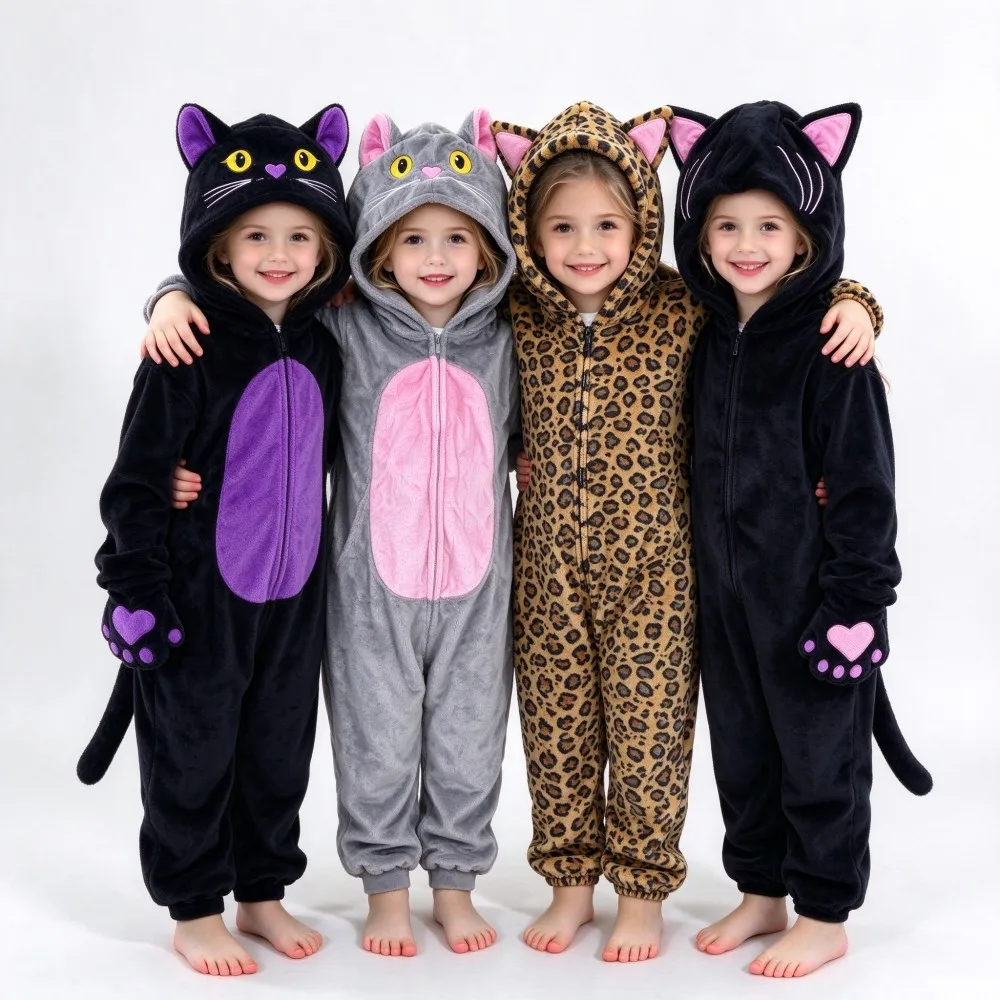 Kids Cat Kigurumi Onesie Flannel Hooded Pajama Girls Boys Animal Jumpsuit with Paw Halloween Christmas Cosplay Costume Sleepwear
