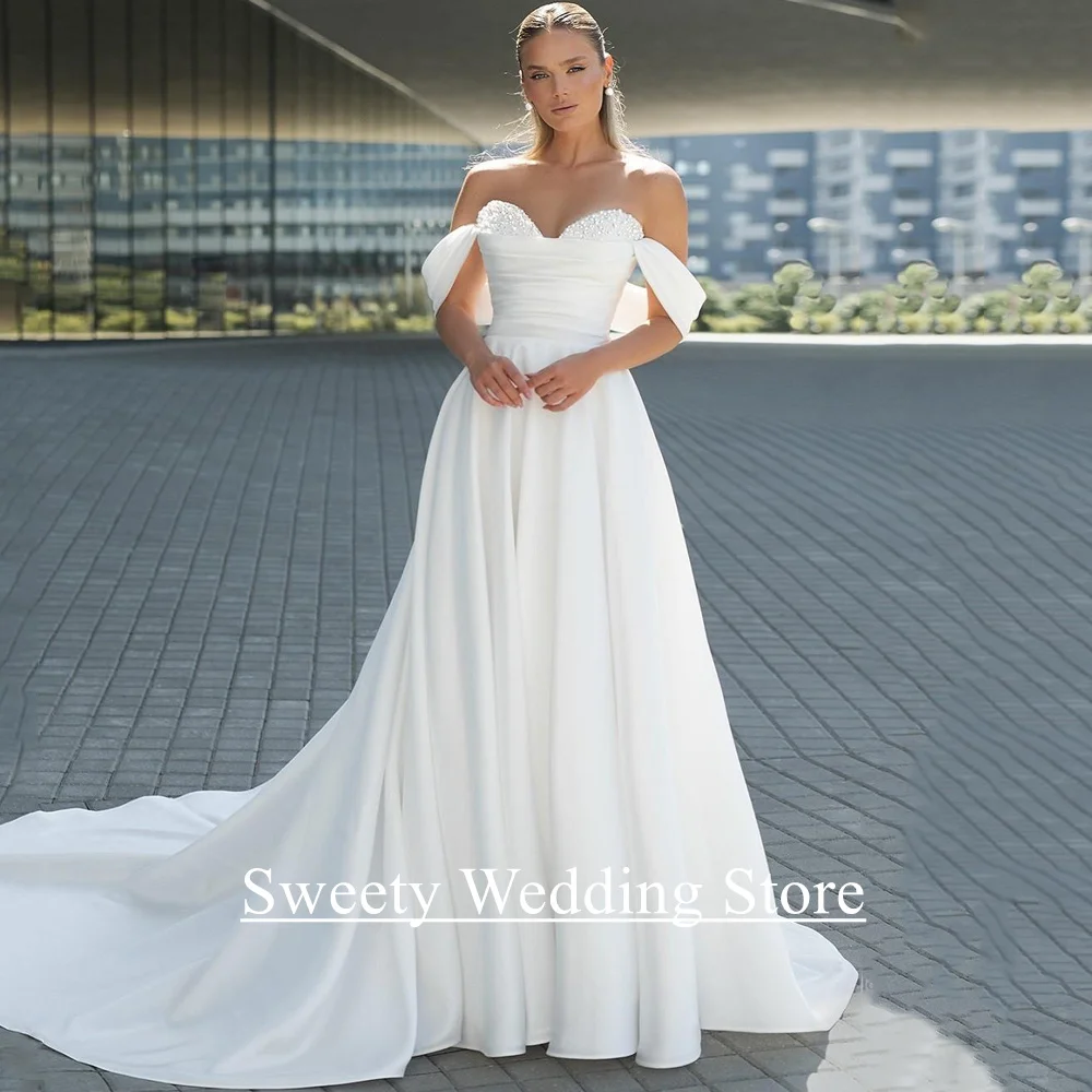 

Hot Sale Wedding Dress Customized Pearls Sweetheart Pleat Off Shoulder Sweep Train Satin Corset Bridal Gown for Woman Bride