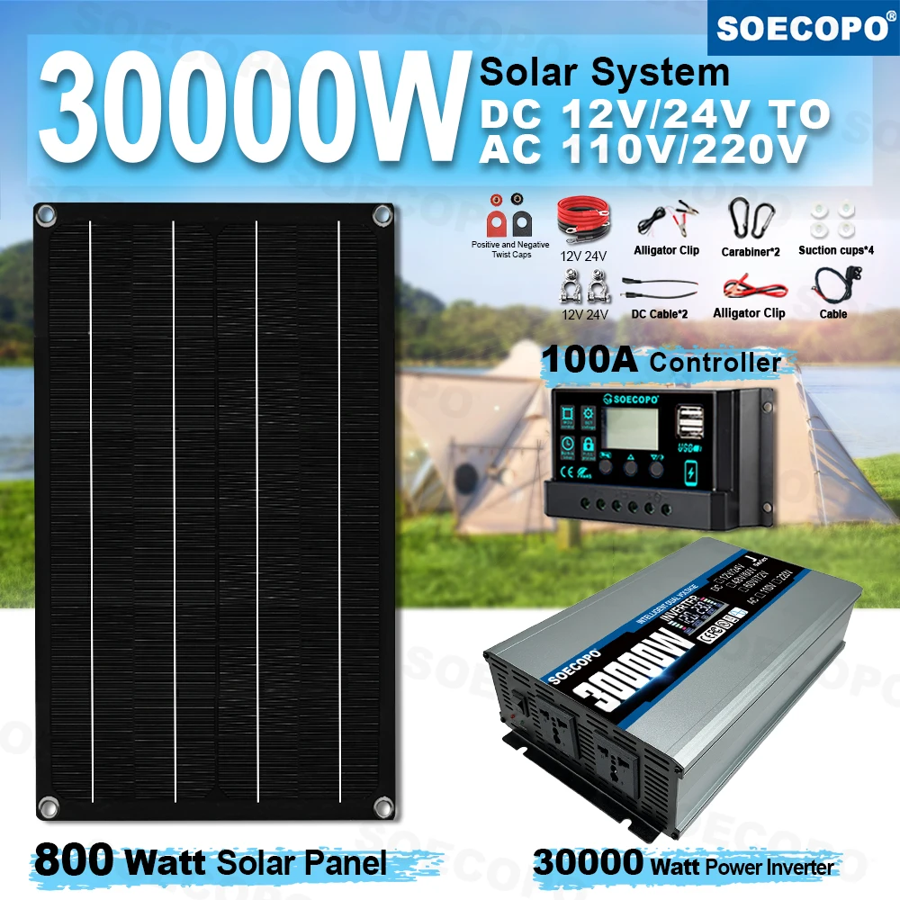 SOECOPO 30000W Portable Solar System Kit 800W Panel, Inverter 2 Sockets Dual Voltage Input 12V/24V 100A Controller Camping/Home