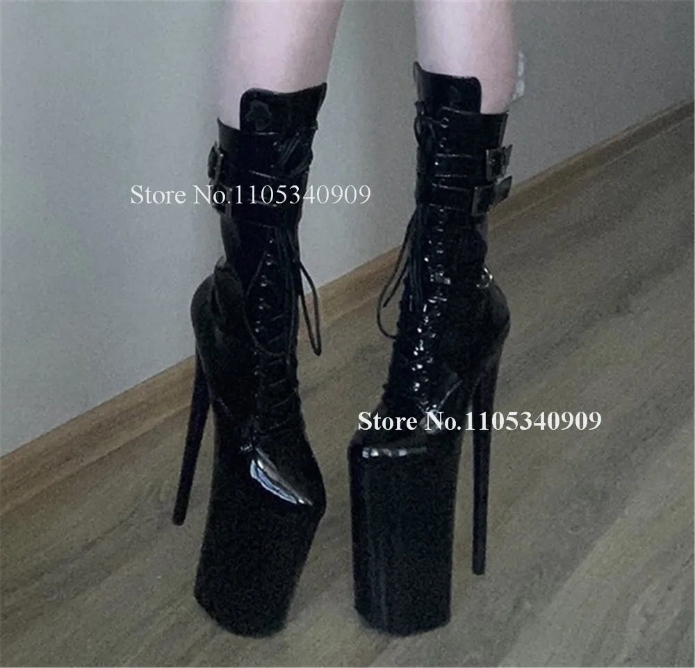 Bondarenko Sexy Super High Platform Stiletto Heel Short Boots Round Toe Lace-up Black Pink Patent Leather Thin Heel Dance Shoes