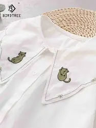 New Autumn Cotton Cat Embroidery Shirts Women Big Lapel Collar Tops Girl Long Sleeve Loose Commute Blouses Cute Spring T39271QC