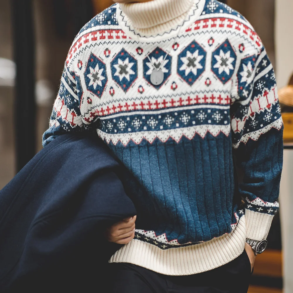 

Maden Vintage Faire Island Jacquard Sweater for Men's Autumn and Winter Thick Warm Turtleneck Knitwear Printed Christmas Sweater