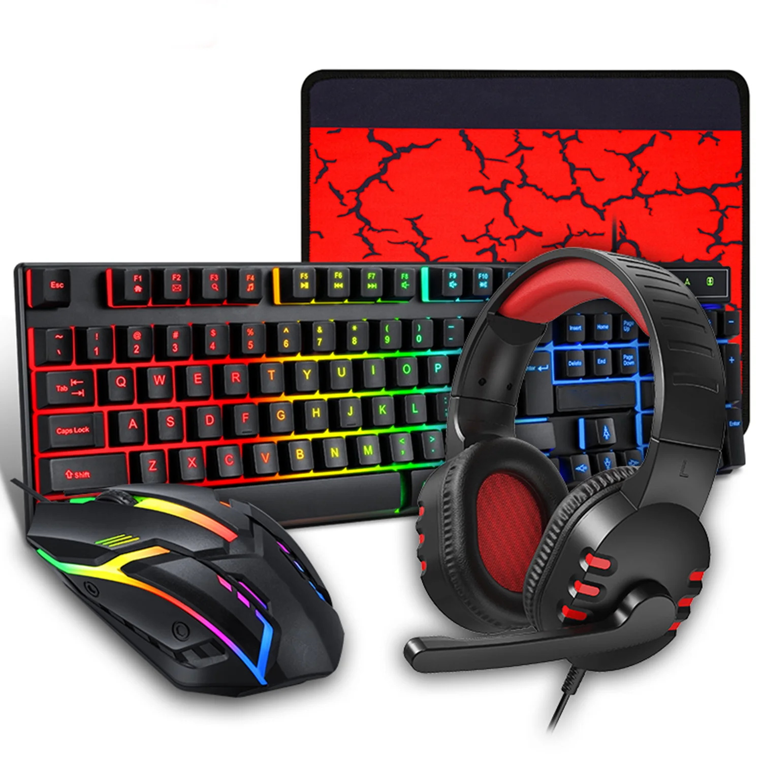 مجموعة Esports 4 في 1 مجموعة لوحة مفاتيح سلكية للألعاب بإضاءة خلفية RGB وسماعة رأس وماوس، لوحة مفاتيح سلكية بإضاءة خلفية LED قوس قزح للعبة