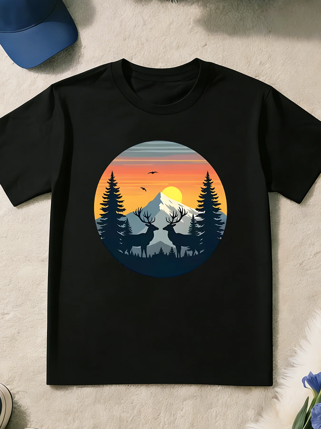 Mountain Sunset Two Deer Forest Print T Shirt Boys Girls Nature Outdoor Short Sleeve Tee Family Matching Kids Cotton Tops