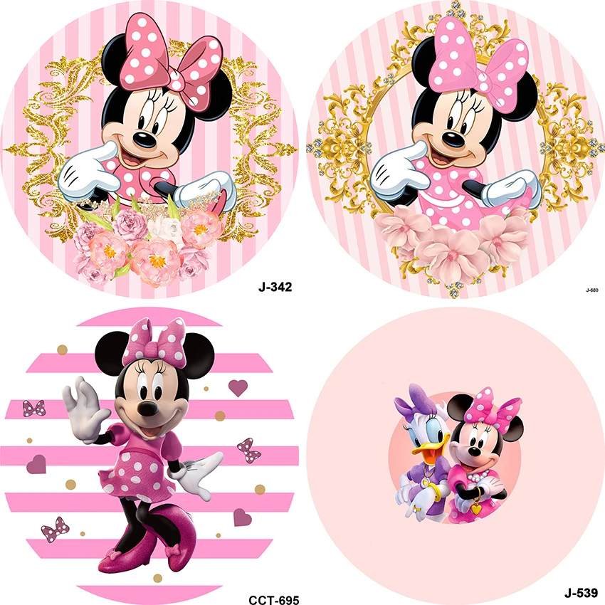 Pink Flower Round Background Circle Photo Backdrop Minnie Mouse Head Baby Shower Birthday Party Decoration Table Cylinder Cover