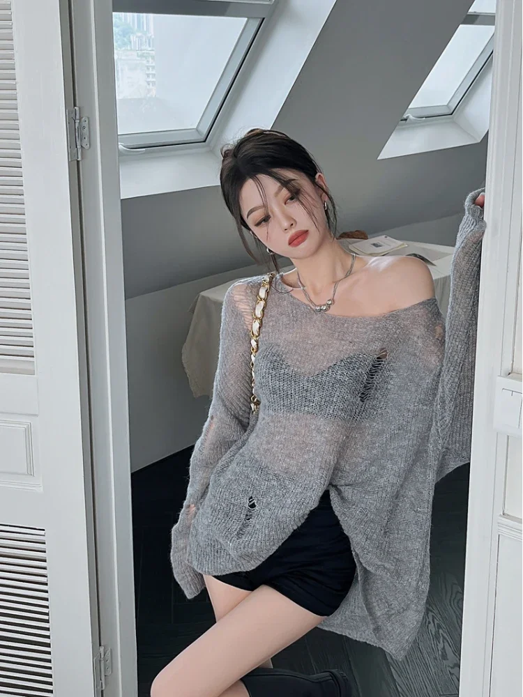 

Grey Knitted Pullovers Women Spring Summer O-neck Hollow Out Hole Design Loose Korean Style Sexy Sheer Thin Fashion Outerwear