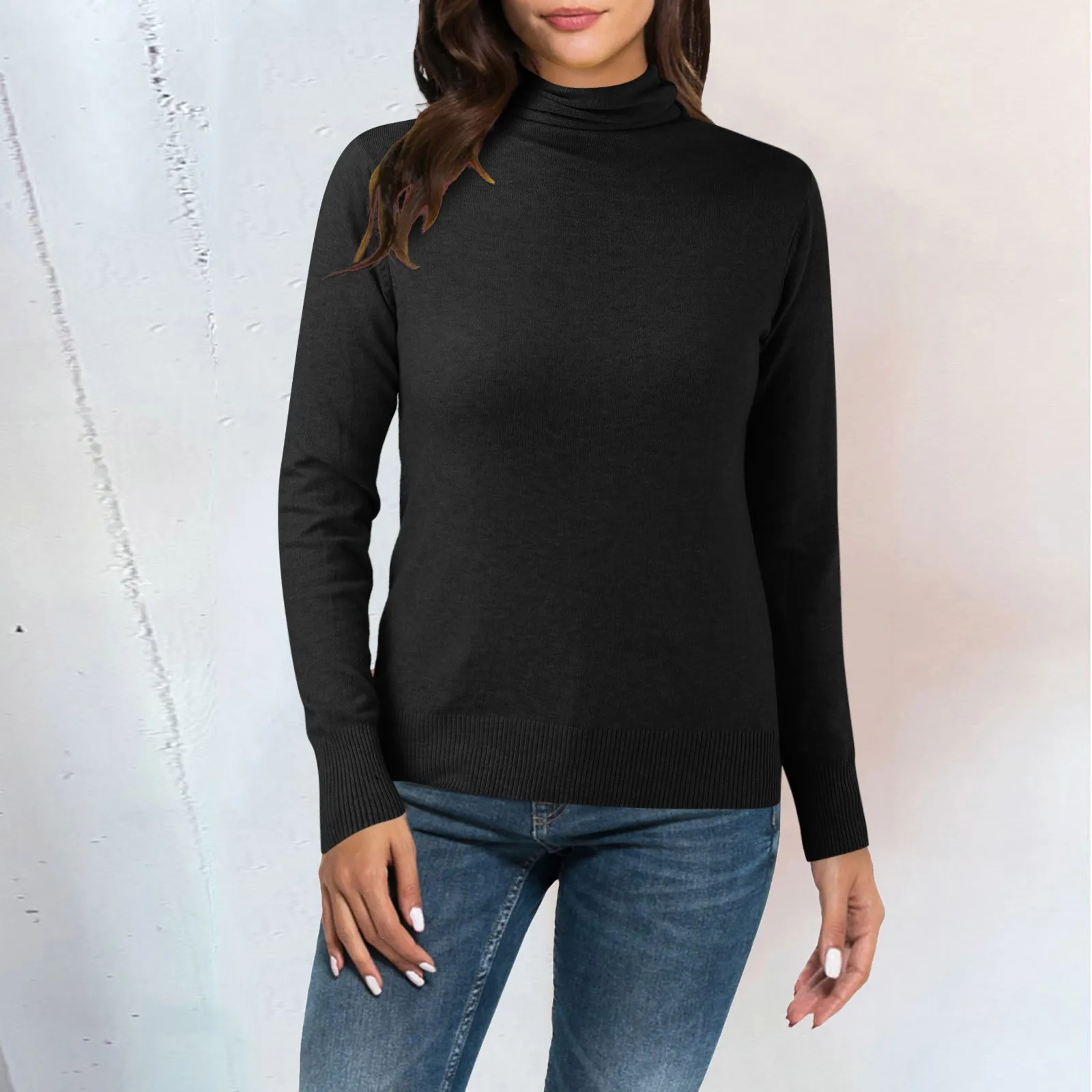 

Women Sweater Pullover Workout Yoga Turtleneck Ribbed Knit Casual Solid Color Bottoming Shirt Slim High Knitted Long Sleeved Top