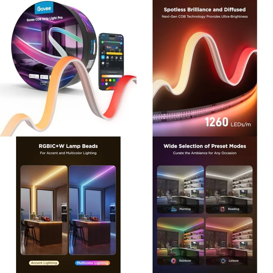 COB LED Strip Light Pro, LED Lights for Bedroom Compatible with Alexa, Google Assistant and Matter, RGBICW Light with Warm Whit