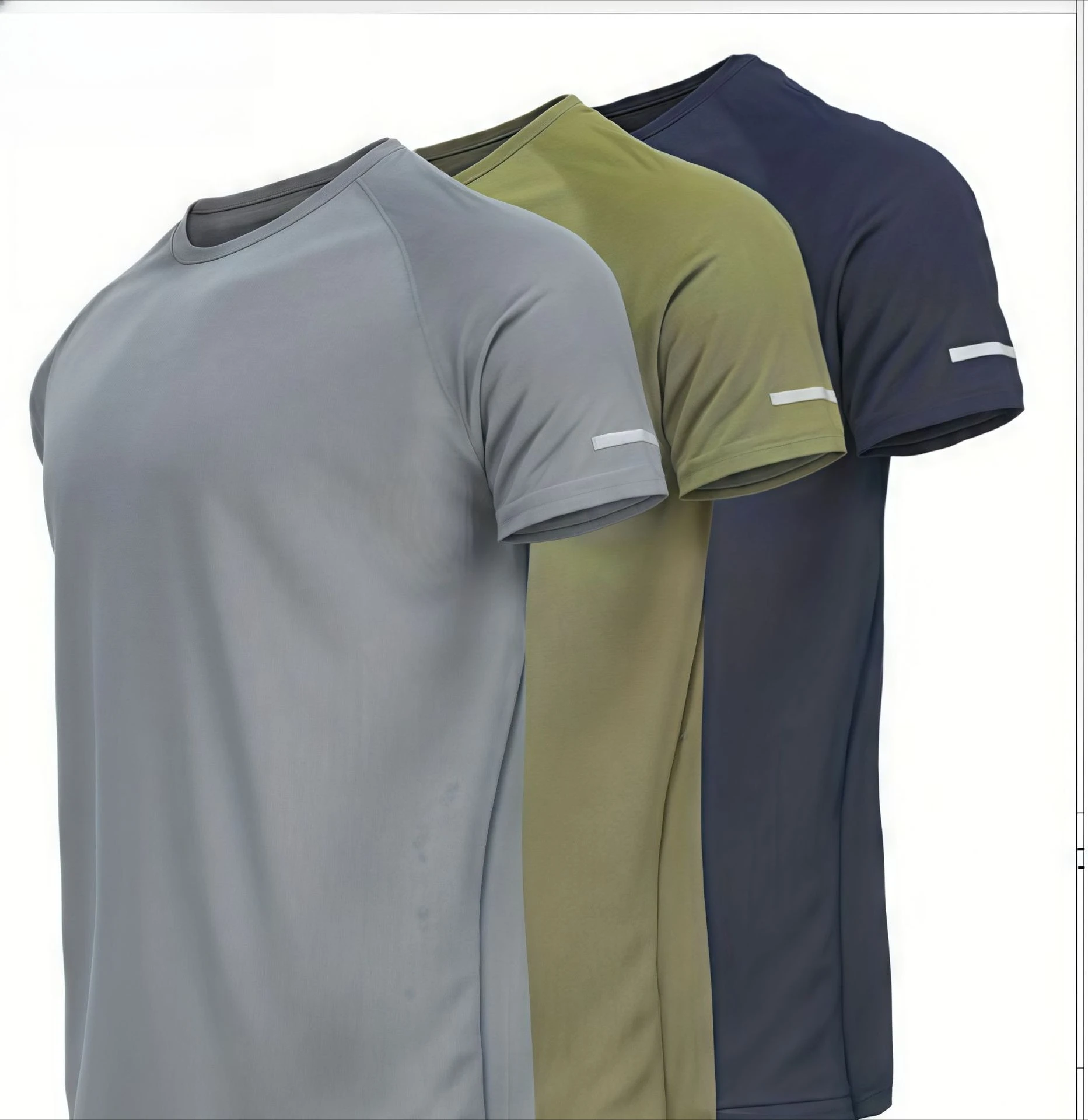 Men Crew Neck Raglan Sleeve Reflective Strip Quick Dry Athletic T Shirt Solid Breathable Short Sleeve Workout Top Sport Tee