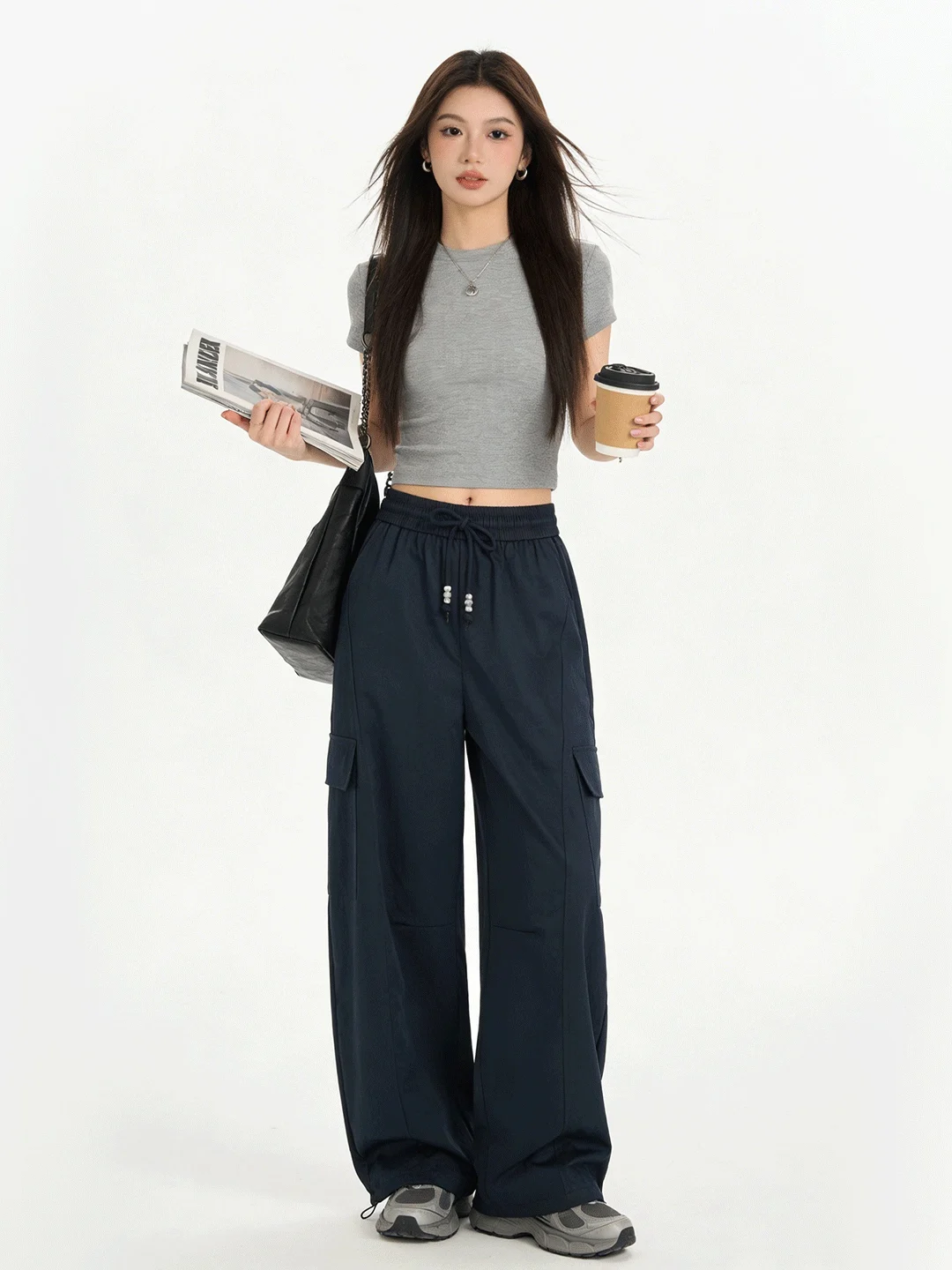 

Casual Sle Cargo Pants Women's High Waist Elastic Waist Loose Fit Long Trousers with Dstring Spring Faion plus Size