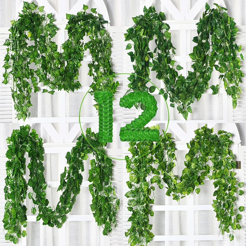 

6/12 PCS 2.1m Artificial Plant Grape Vine Green Leaves Ivy Fake Leaf Garland Wall Hanging Creeper Plant Home Decor Wedding Party