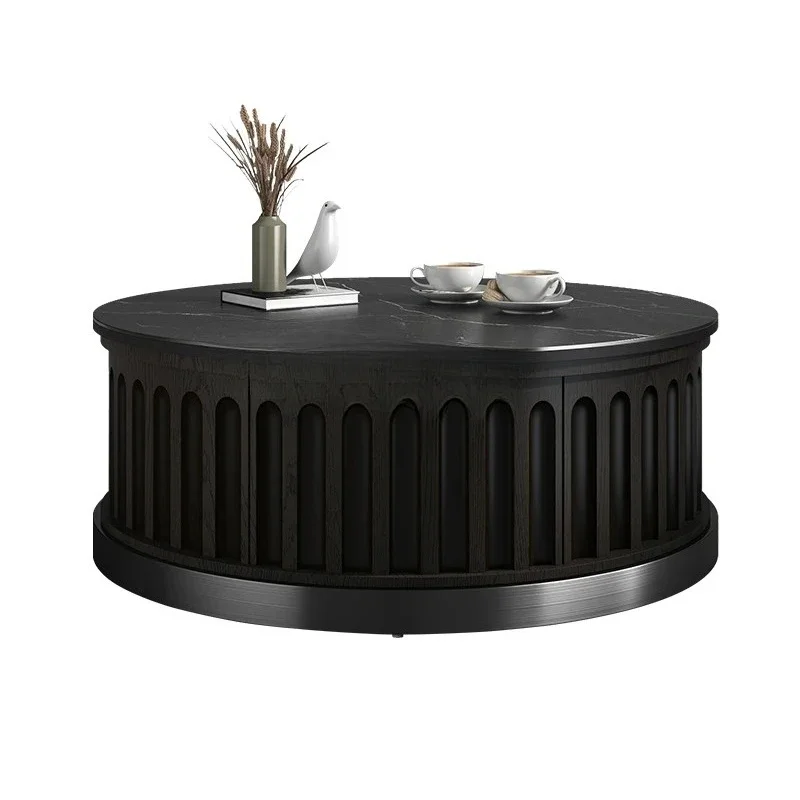 

New Chinese round coffee table light luxury modern living room home solid wood designer villa tea table black rock slab table