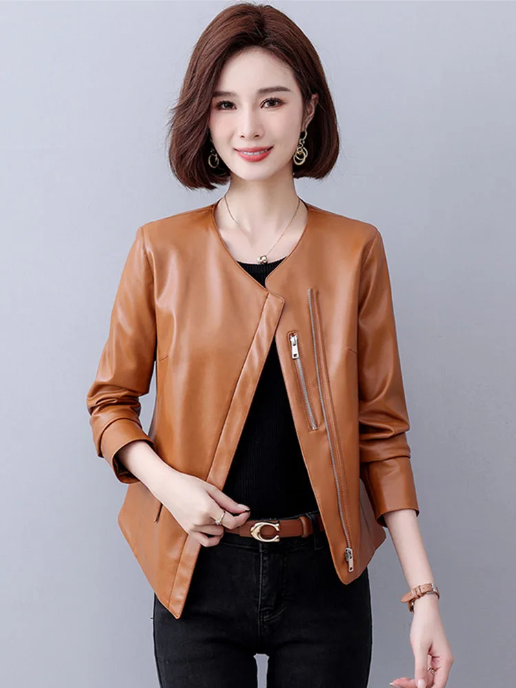 แฟชั่นไม่สม่ําเสมอซิป Sheepskin แจ็คเก็ตผู้หญิงลําลองแขนยาว Slim สุภาพสตรี Chic แยกเสื้อแจ็คเก็ตหนัง