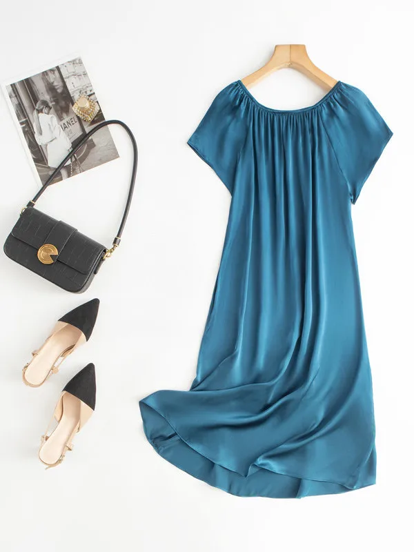2025 Women's Casual Summer New 100% Natural Mulberry Silk Plain Satin Loose Short Sleeved Medium To Long Princess Sleeping Skirt