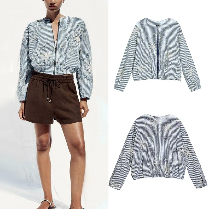 

Женские куртки-бомберы, весна-осень 2022, короткие пальто в цветочную полоску с принтом, верхняя одежда на молнии с длинными рукавами, женская повседневная уличная одежда