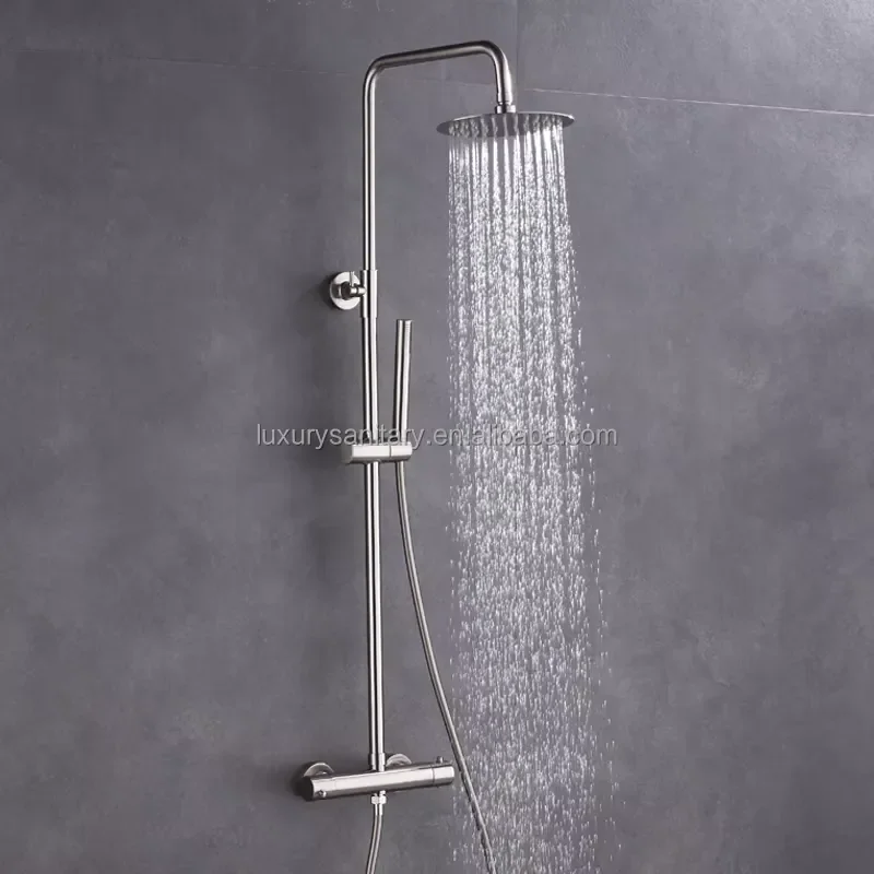 Round Nickle Brushed Bathroom Thermostatic Shower System Sets Exposed Rainfall Overhead Mixer with Handheld Sprayer