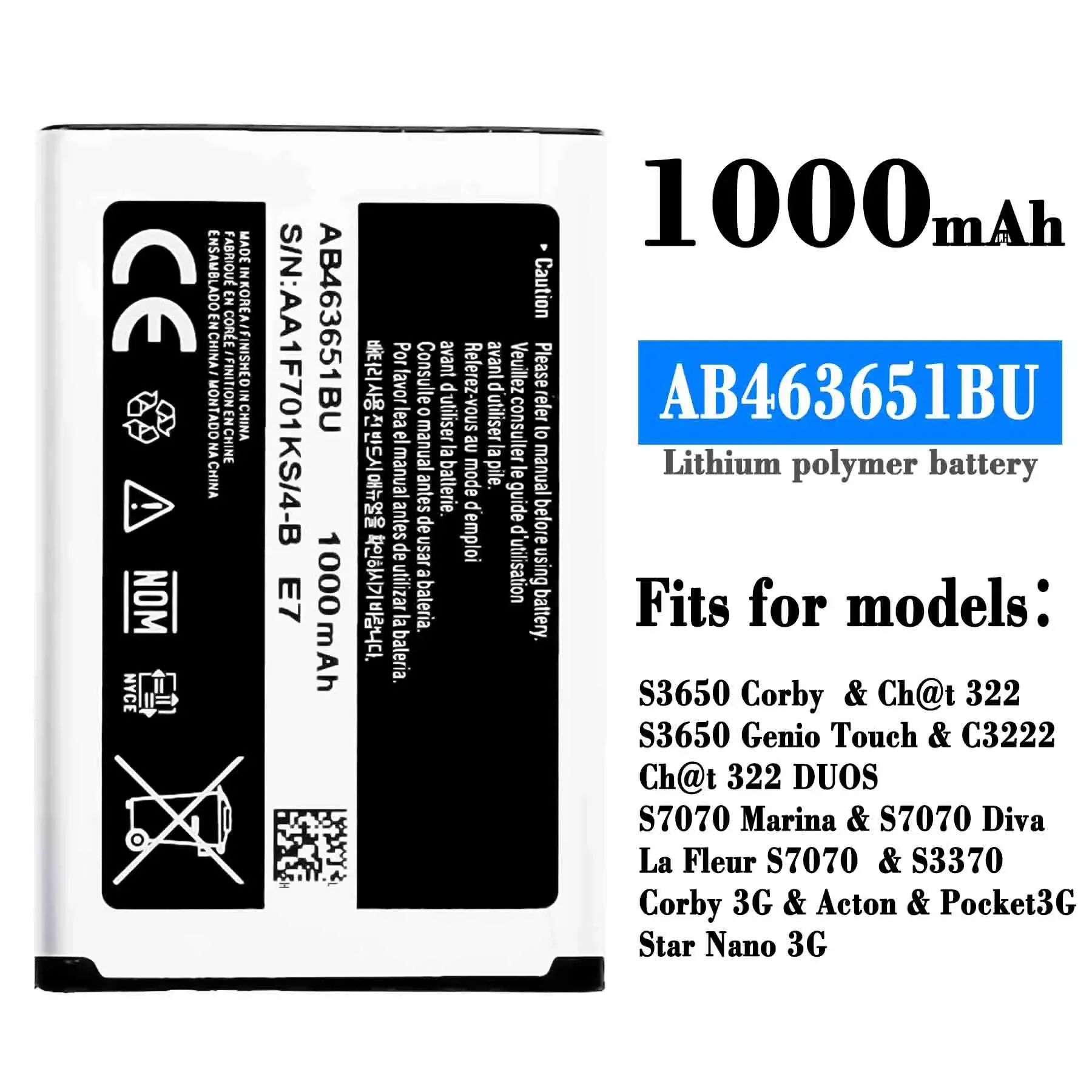 AB463651BU Battery for Samsung GT-C3060R C3222 C3322 C3530 S5600 S5610 S7070 P220 P260 S3650 S3370 322 AB463651BA AB463651BE NEW