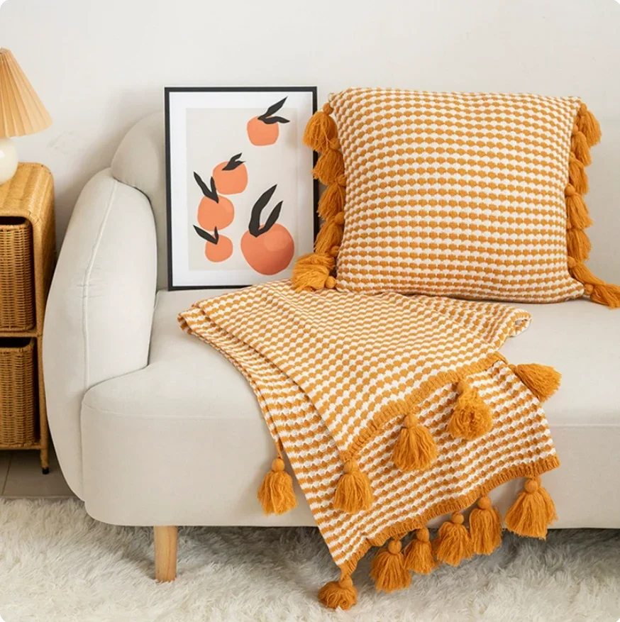 45x45cm Sofa Decor Grid Knitting Pillow Cover Tassel Cushion Covers Modern Living Room Bed Head Square Waist Pillowcase