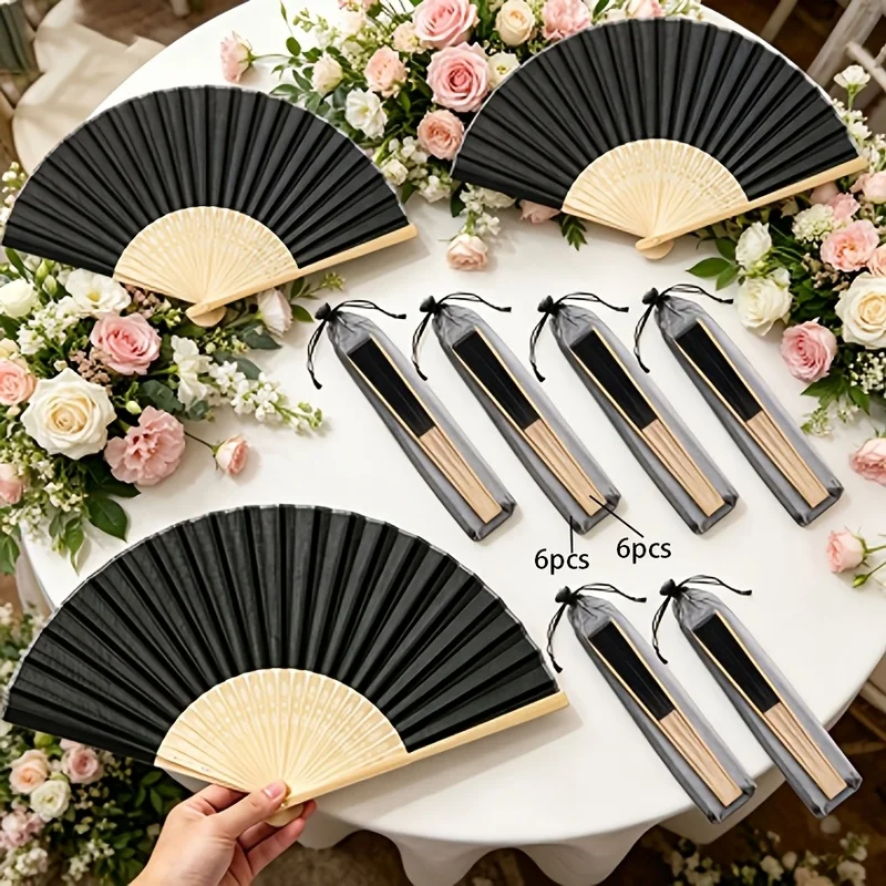 6Pcs Black Folding Handheld Paper Fans Set with 6Pcs Black Drawstring Organza Pouches, Solid‑Color Paper Hand Fans, Wedding