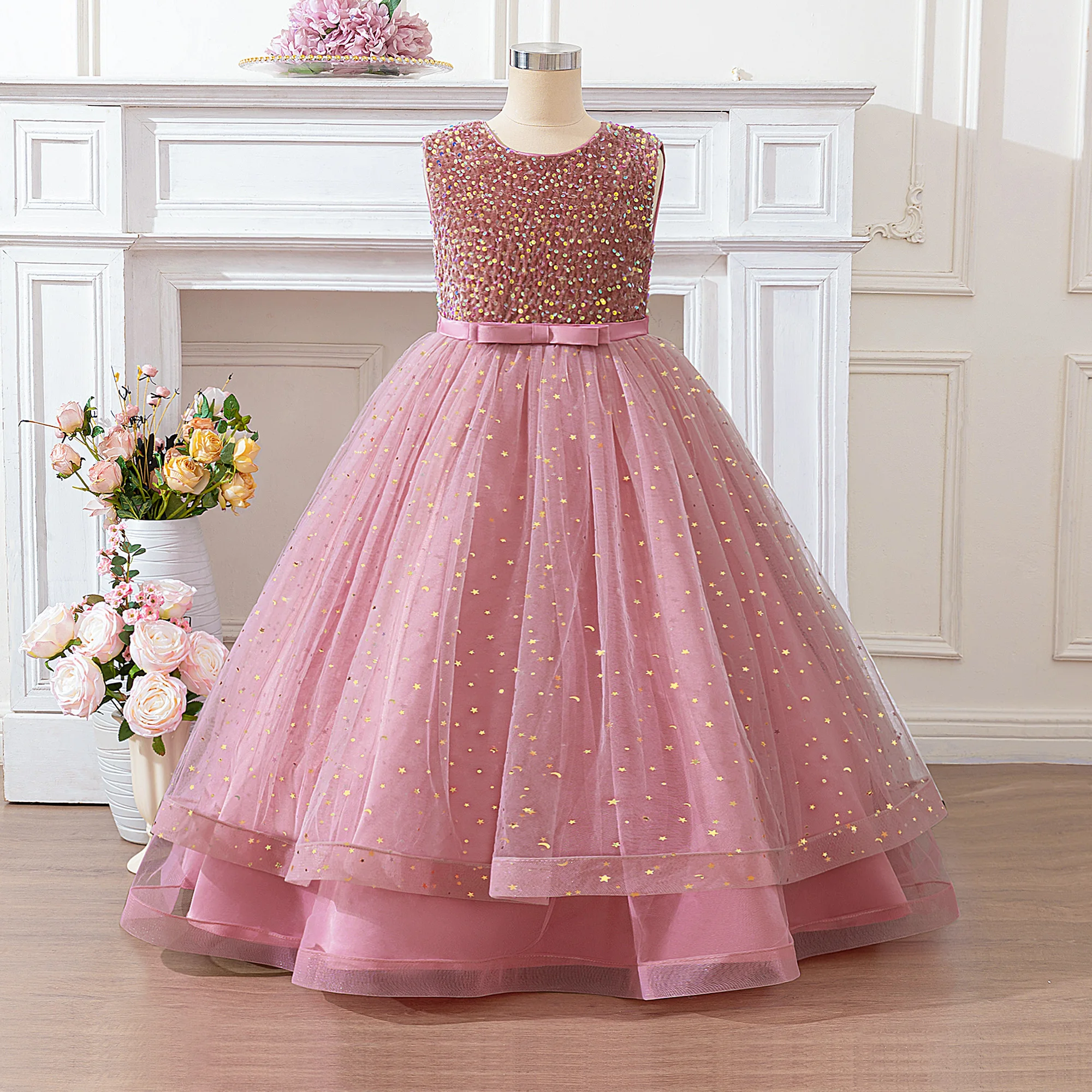

Elegant Bow Sequin Bridesmaid Party Girls Dress Fashion Tulle Wedding Baptism Princess Prom Dress for Girl Birthday Evening Gown