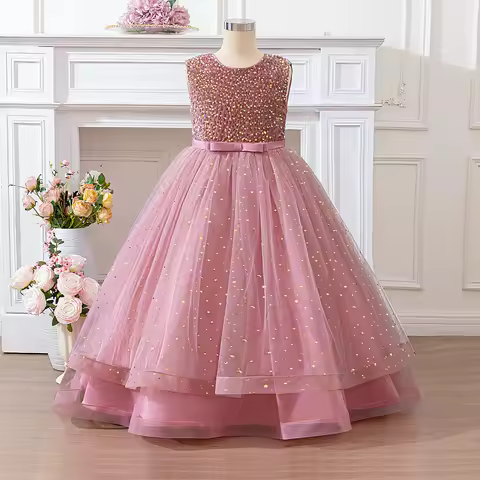 Elegant Bow Sequin Bridesmaid Party Girls Dress Fashion Tulle Wedding Baptism Princess Prom Dress for Girl Birthday Evening Gown