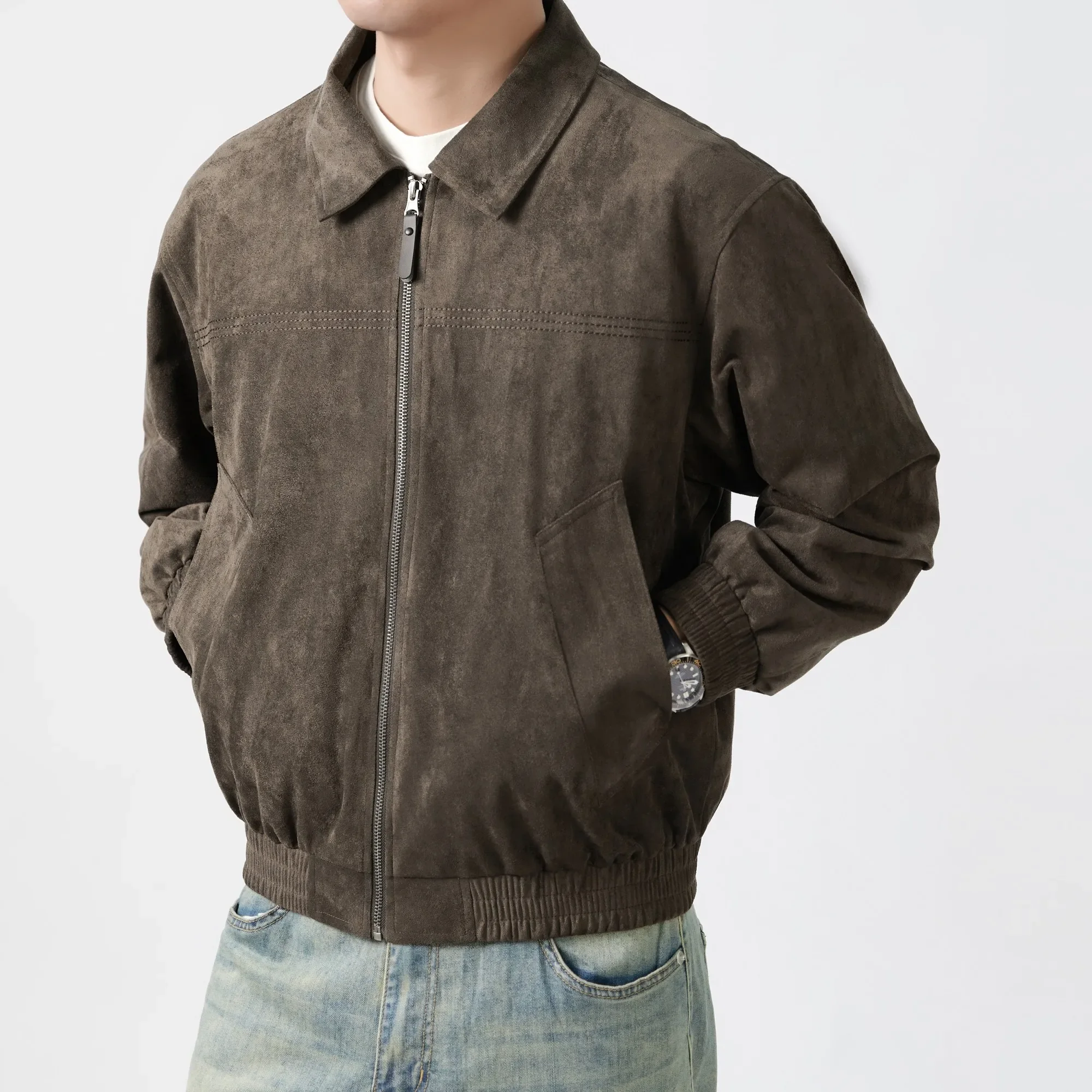 Herren Cropped Boxy Minimalistische Kunstwildleder-Jacke Leichte Weiche Textur Coach-Jacke Vintage Harajuku Streetwear Bomber-Oberbekleidung – Detail 6