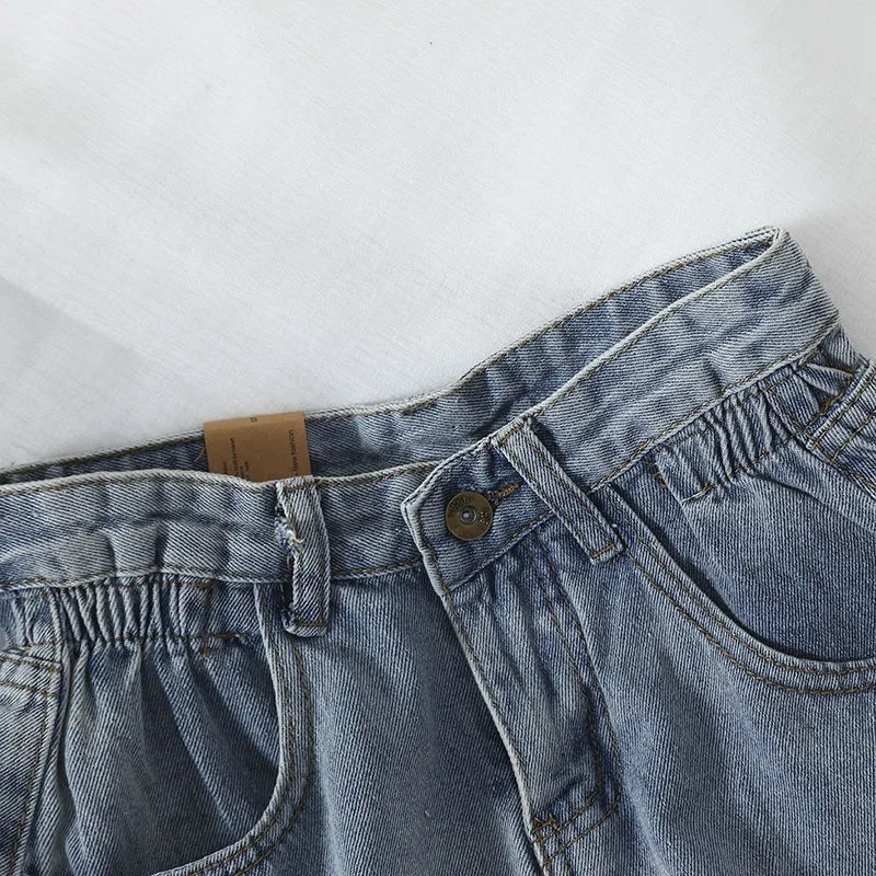 Women's High Waist Elastic Waistband Denim Shorts, Rolled Hem Casual Jean Shorts with Pockets, Loose Summer Hot Pants