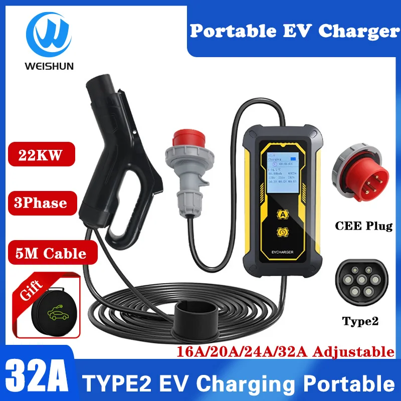 

Type 2 Portable EV Charger 22KW 32A 3Phase Wallbox IEC62196-2 EVSE Fast Charging Box 5M Cable CEE Plug For Electric Car