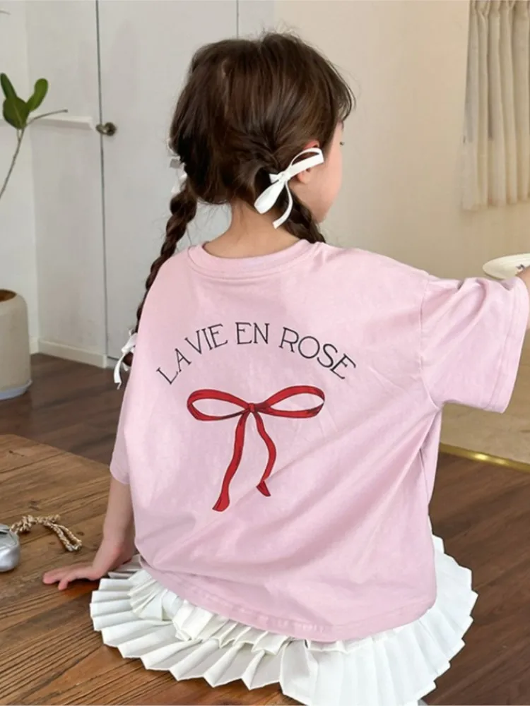 Children's Clothing Girl Korean Version Loose Short Sleeved Kids Stylish Design Girls Back Bow T-shirt Top