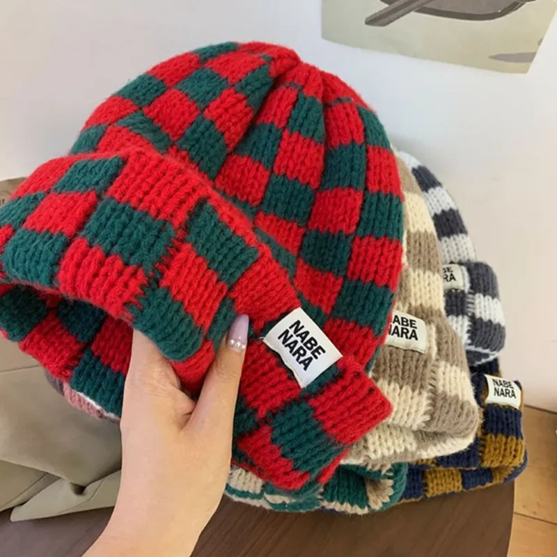 Chessboard Plaid Knitted Beanies for Women Korean Version Trendy Brand Acrylic Fiber Label Hat Winter Wool Keep Warm Caps