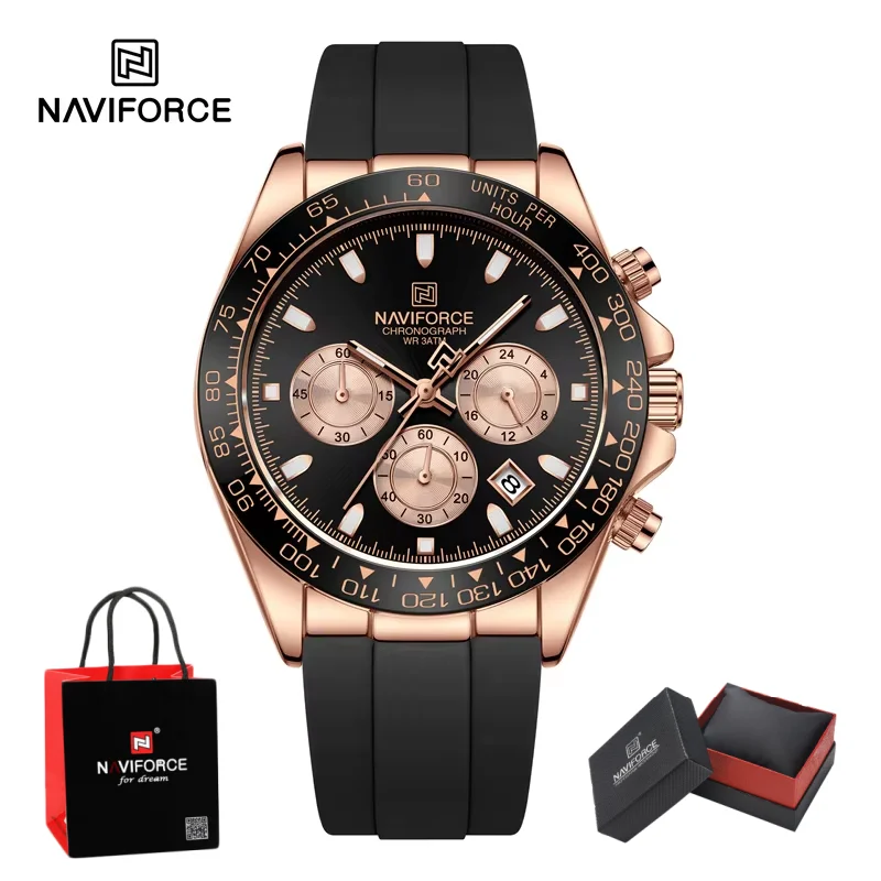 NAVIFORCE Herrenuhr mit einzigartigem Design, Quarzwerk, wasserdicht, Chronograph, leuchtendes Silikonarmband, sportliche Modeuhr, Geschenkbox