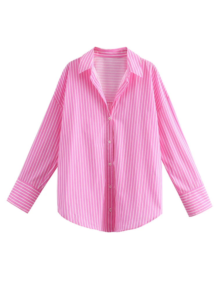 

KAOPU ZA Women oversize striped shirt vintage lapel-neck button-up female blouses blusas chic tops