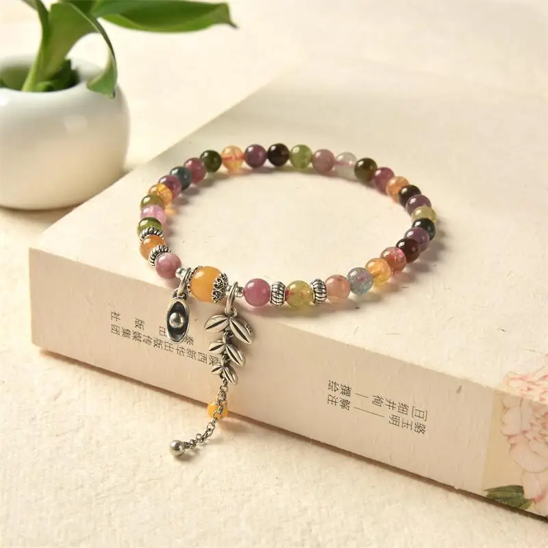 

Ethnic Natural Colorful Tourmaline Single Loop Bracelet for Women 925 Sterling Silver Wheat Charms Bracelet Hand Jewelry SL067