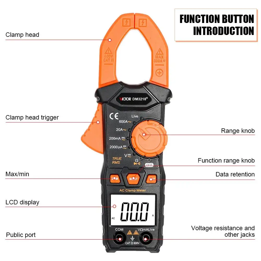 Ruoshui Victor 3218+ Digital Clamp Multimeter Ture RMS Auto Range Diode Resistance Frequency AC/DC 600V/A Live Wire Clamp Meters