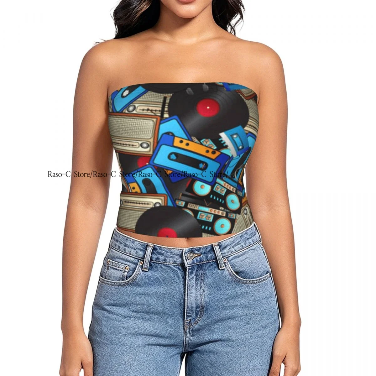 Women strapless blouses sleeveless Retro Hipster Music Audio Cassette Players And Tape halter-neck sexy short-sleeved blouses