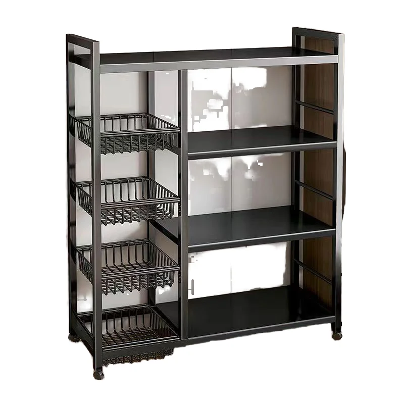 

Multifunctional Kitchen Organizer Metal Vegetable Basket Trolley Movable Rolling Cart with Microwave Oven Storage Rack