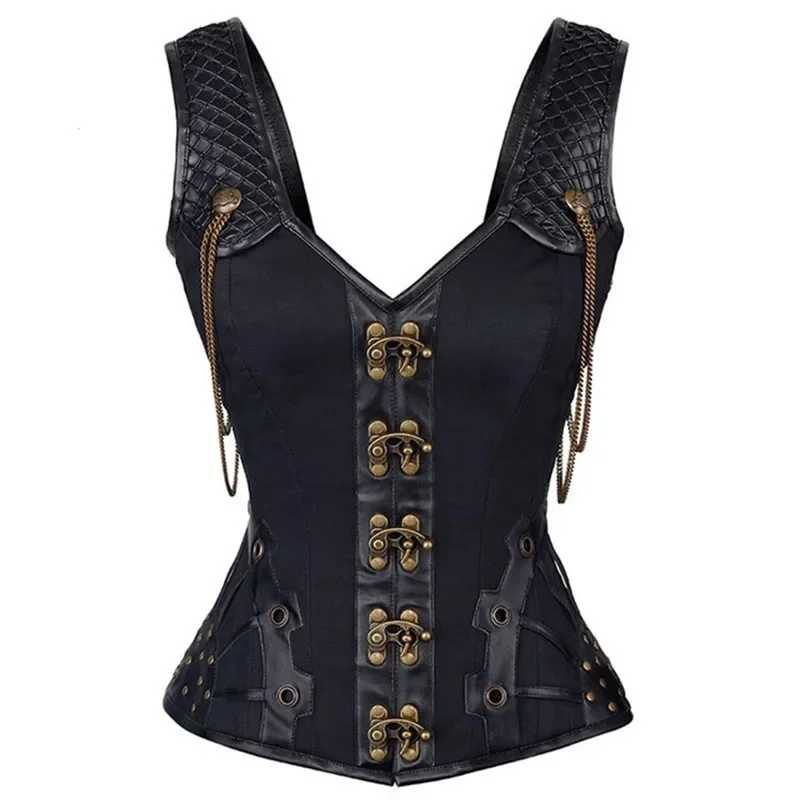 

Corsets Steampunk And Bustiers Shoulder Straps Leather Overbust Corset Spiral Tops Chain Gothic Pirate Vintage Plus Size