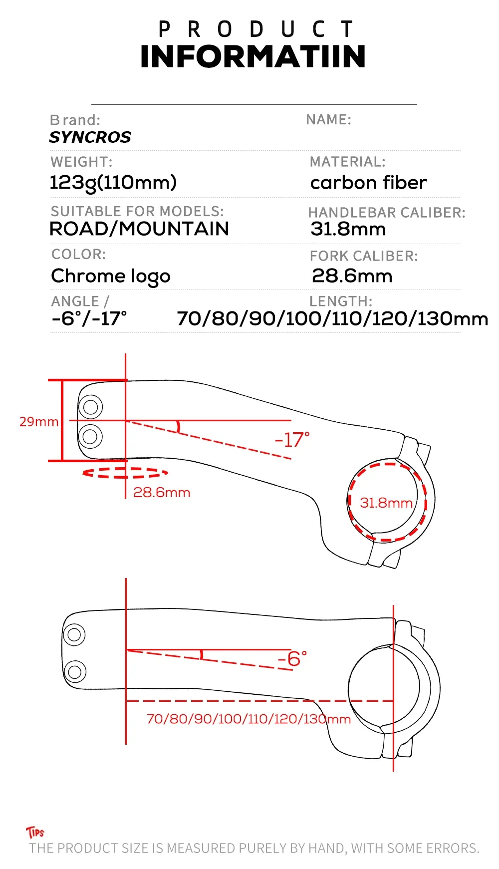 Syncros Chrome Logo Carbon Bicycle Stem Road/MTB Handlebar Stems -6°/-17° Clamp Diameter 31.8mm Available in Multiple Matte