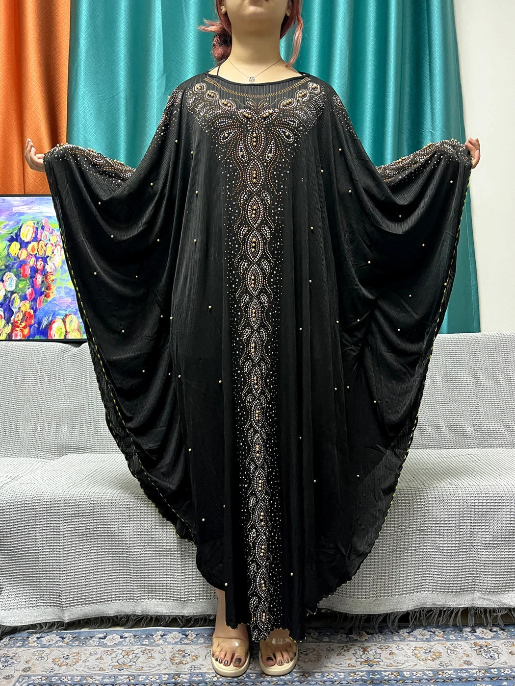 Muslim Ramadan Black Abayas For Women 2023 Dubai Chiffon Diamonds Boubou Loose Femme Robe African Islam Prayer Garment Turban