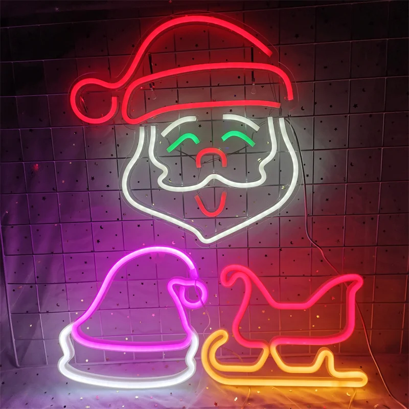 Christmas Decoration LED Neon Sign Light Deer Head LED Lamp Christmas Hat Elk Tree Snowflake Decor Room Wall Shop Window Hang