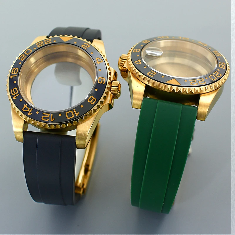 For 40mm NH34 NH35 NH36 NH38 ETA2824 PT5000 8215 8205 Movement Gold Luxury Watch GMT Case Rubber Bracelet Ceramic Bezel Sapphire