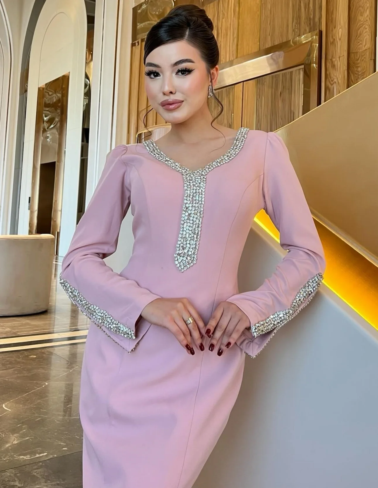 Customized Intricate Matching Jersey Sequined Trumpet V-neck Long Dresses Bespoke Occasion Intricate Formal