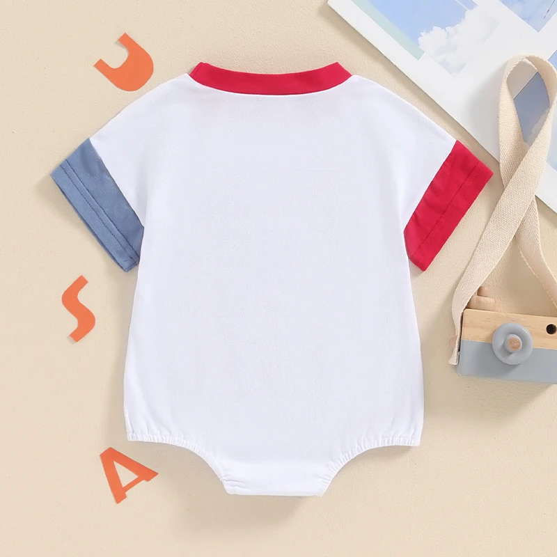 2024-03-18 Lioraitiin Baby Girls Boys Independence Day Romper Short Sleeve Crewneck Letter Embroidery Contrast Color Romper image 4
