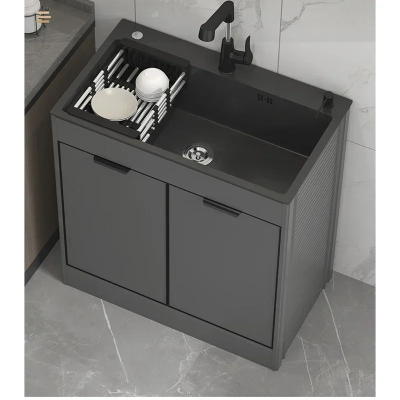 One-piece Modern Kitchen Sinks for Home Black Stainless Steel Floor-standing  Creative Multifunctional Sink for Outdoor S