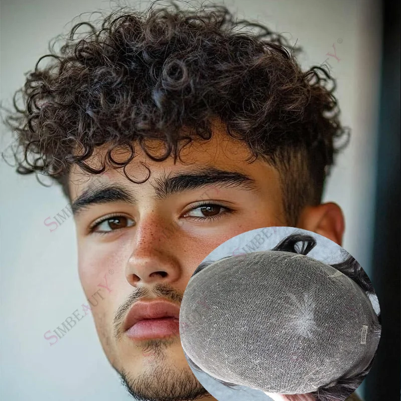 غير قابل للاكتشاف الدانتيل 18 مللي متر تصفيفة الشعر المجعد للرجال كامل السويسري الدانتيل بني داكن شقراء رمادي الشعر الاصطناعية 100% شعر الإنسان الرجال الباروكات #1