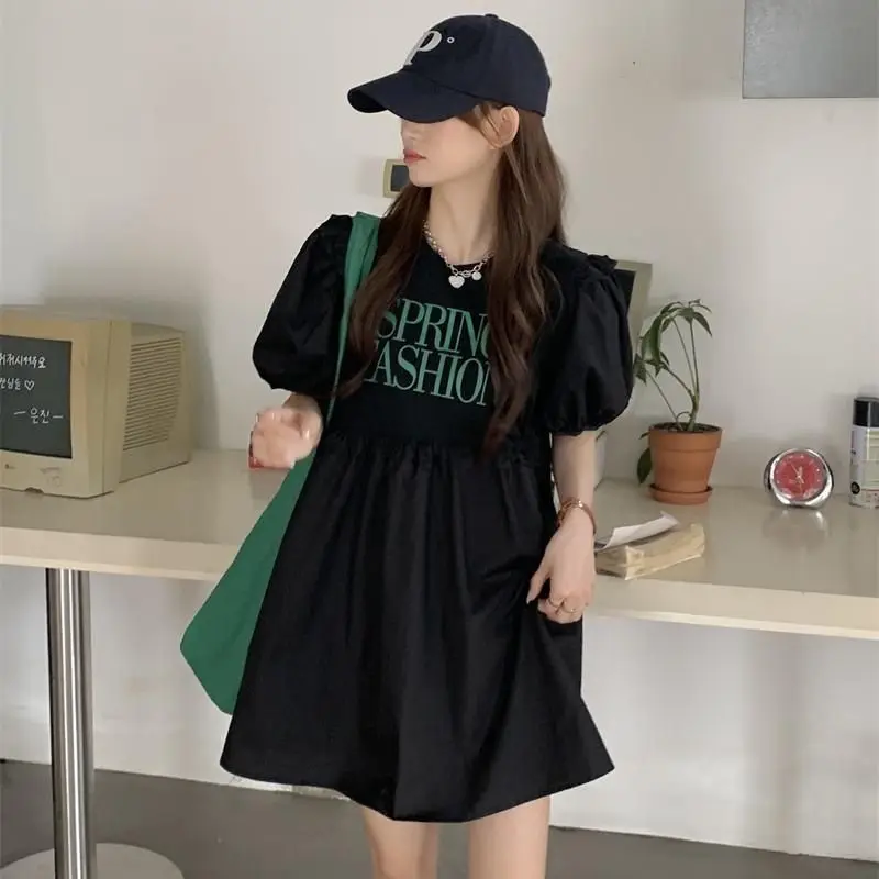 

Casual Letter Printed Dresses Women's Clothing A-Line Summer Fashionable Ruffles Patchwork Korean Short Sleeve Basic Midi Dress
