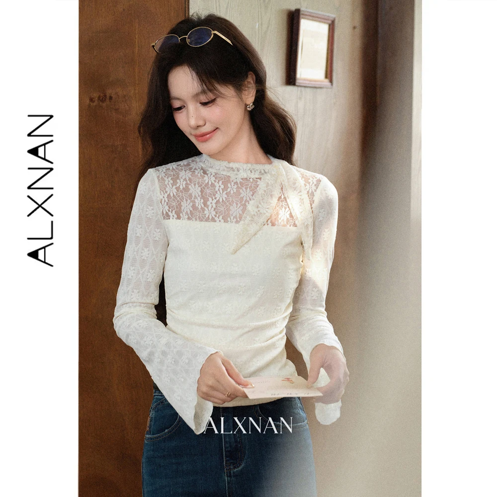 ALXNAN French White Lace T-shirt for Women Autumn New Stand Collar Flare Sleeve Pullover 2026 Elegant Fashion Ladies Top L68319
