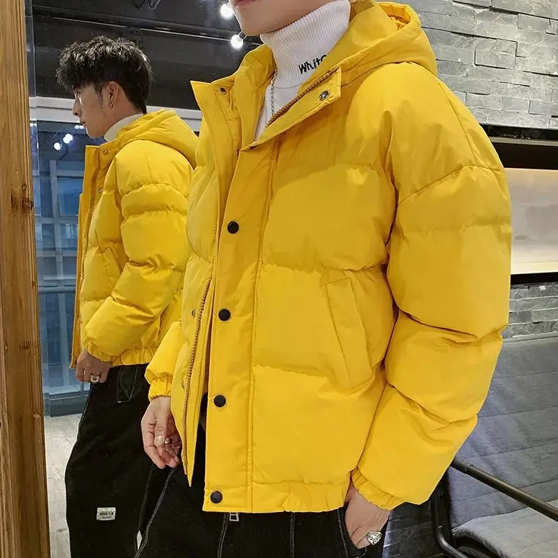 

Мужской желтый пуховик средней длины, пуховик, утепленная хлопковая парка с капюшоном, толстая повседневная уличная одежда, модная верхняя одежда