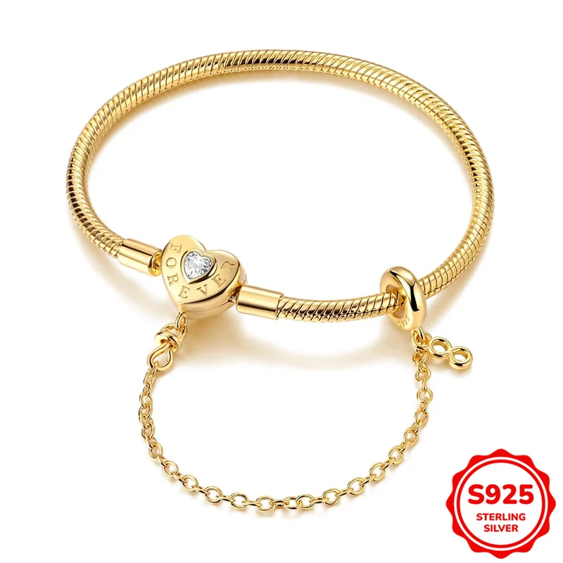 

925 Sterling Silver 17-20 CM Golden Heart-shaped Safety Chain Snake Bone Chain Bracelet Fit Charms Beads Fashion Women Jewelry